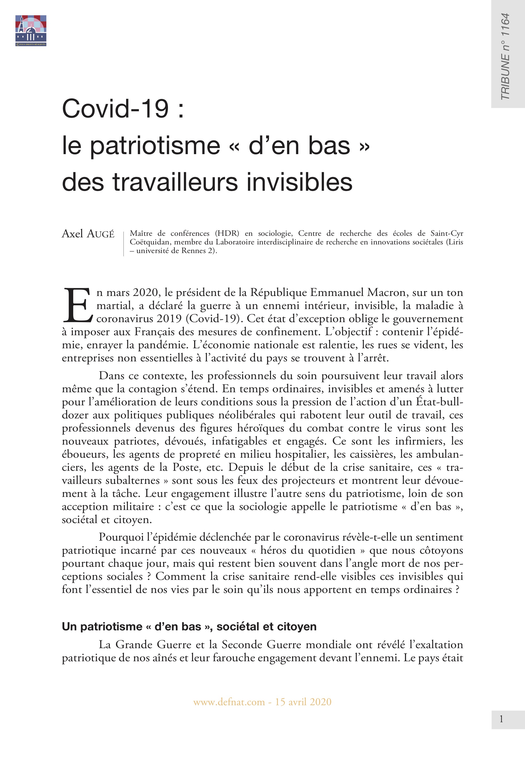 Covid-19 : le patriotisme « d’en bas » des travailleurs invisibles (T 1164)
